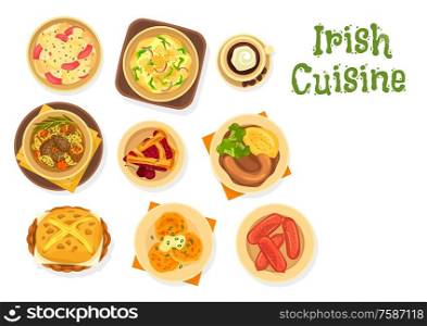 Irish dishes of meat and vegetable stew with soda bread, cream coffee and fruit dessert. Vector potato salad and pancake boxty, pork sausages, beef stewed in beer and cherry pie, food of Ireland. Irish food of meat and veggies, bread, cherry pie