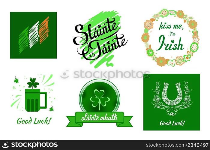 Irish elements, emblems with national flag, wishes of health and luck, beer mug, shamrock, joke in flower wreath, horseshoe. Greeting ornate vector designs for prints. Set of images related to Ireland, St. Patrick day. Flag, shamrock shield, wreath, horseshoe, beer, wish of luck, health
