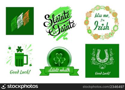 Irish elements, emblems with national flag, wishes of health and luck, beer mug, shamrock, joke in flower wreath, horseshoe. Greeting ornate vector designs for prints. Set of images related to Ireland, St. Patrick day. Flag, shamrock shield, wreath, horseshoe, beer, wish of luck, health