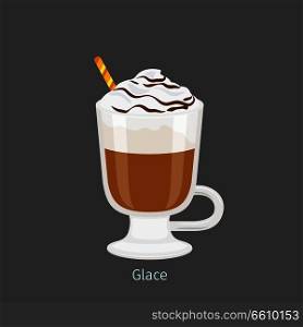 Irish glass mug with straw filled cold glace flat vector. Chilled invigorating drink with caffeine. Coffee with ice-ream poured chocolate syrup illustration for coffee house and cafe menus design