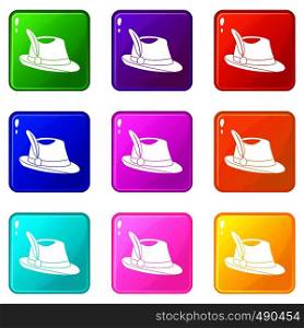 Irish hat icons of 9 color set isolated vector illustration. Irish hat set 9