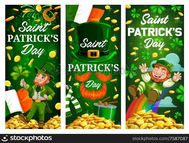 Irish holiday leprechauns with clovers and gold, St Patricks Day vector banners. Green shamrock leaves, leprechaun hats and golden coins, lucky horseshoe, flags of Ireland, celtic treasure rainbow. Patricks Day leprechaun, green clover and gold