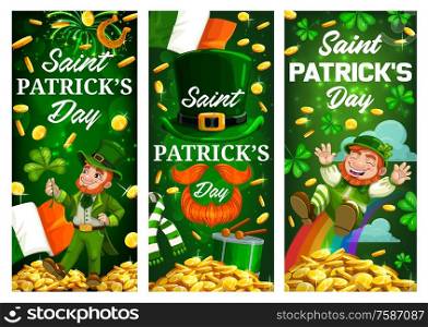 Irish holiday leprechauns with clovers and gold, St Patricks Day vector banners. Green shamrock leaves, leprechaun hats and golden coins, lucky horseshoe, flags of Ireland, celtic treasure rainbow. Patricks Day leprechaun, green clover and gold