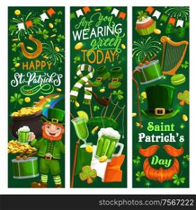 Irish leprechaun with Patricks Day green beer, shamrock and hat with gold vector banners. Clover leaves, golden coins pot and lucky horseshoe, flag of Ireland, celtic elf treasure cauldron on rainbow. Patricks Day leprechaun, green shamrock and gold