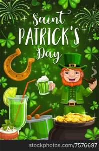 Irish Patrick day, traditional holiday party celebration. Vector Patricks Day lucky symbols, shamrock clover leaf, leprechaun drinking beer and smoking pipe with gold coins in cauldron. Irish Patricks day, leprechaun drink green beer