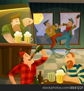 Irish Pub Background . Irish pub interior with drinking and dancing people cartoon vector illustration