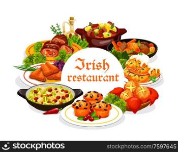 Irish restaurant food with vector dishes of vegetable, meat and fish with dessert. Irish stews with beef, rabbit and lamb, potato pancakes and colcannon, salmon, cabbage salad, soda bread and cupcakes. Irish cuisine meat, vegetable and fish food dishes