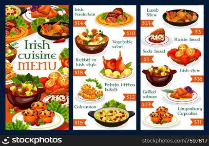 Irish restaurant menu template. Vector dishes of vegetable meat stews, potato pancakes, grilled salmon fish and cabbage salad, soda bread, beef, rabbit and lamb, lingonberry cupcakes and colcannon. Irish cuisine restaurant dishes menu template