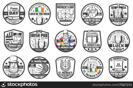 Irish Saint Patrick day, party and Irish beer pub icons. Vector St Patrick with shillelagh and ale beer pint, leprechaun in hat with coins in cauldron, Ireland flag and rainbow with horseshoe. Happy Saint Patrick day, Irish holiday beer bar
