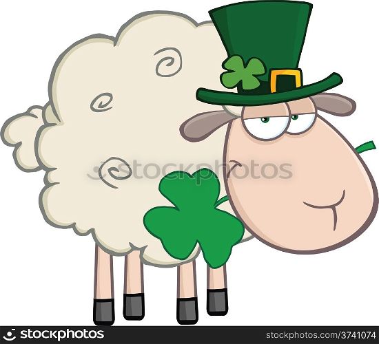 Irish Sheep Carrying A Clover In Its Mouth Illustration Isolated on white