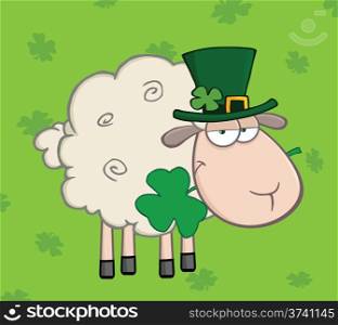 Irish Sheep Carrying A Clover In Its Mouth On A Green Background