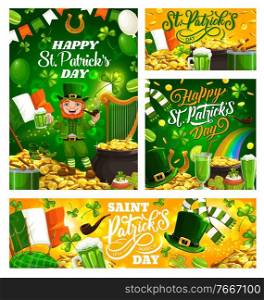 Irish spring holiday St. Patricks day, celebrated on 17 March, symbols. Vector harp, flag of Ireland, rainbow, pot of gold coins. Leprechaun and lettering, music harp, bagpipe and drum with drumsticks. Patricks day spring holiday symbols and lettering