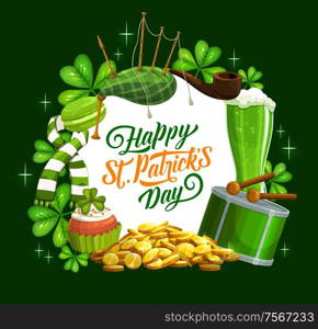 Irish St Patrick day holiday celebration shamrock clover and green ale beer mugs, pints. Vector Patricks day greeting with symbols Irish bagpipes, leprechaun gold coins and drum. Happy St Patrick day banner, Irish bagpipes