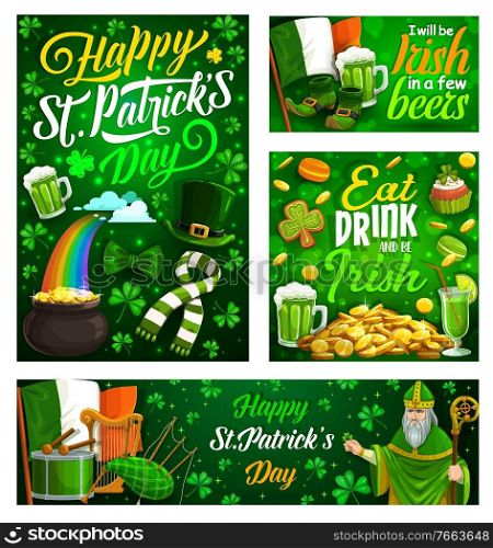 Irish St. Patricks Day religion holiday vector design. Leprechaun hat, shamrock leaves and gold, lucky clover, green beer and golden coins in pot on rainbow, flag of Ireland, drum and harp. St. Patrick, green shamrock, Irish leprechaun gold