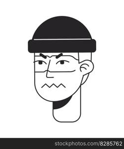 Irked male delinquent monochromatic flat vector character head. Black and white avatar icon. Editable cartoon user portrait. Simple lineart ink spot illustration for web graphic design and animation. Irked male delinquent monochromatic flat vector character head