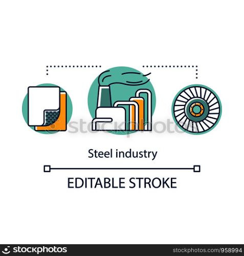 Iron and steel industry concept icon. Steelmaking process. Manufacture of metal products, recycling of scrap. Metallurgy idea thin line illustration. Vector isolated outline drawing. Editable stroke