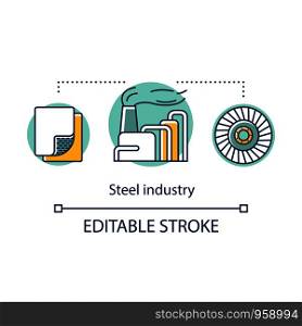 Iron and steel industry concept icon. Steelmaking process. Manufacture of metal products, recycling of scrap. Metallurgy idea thin line illustration. Vector isolated outline drawing. Editable stroke