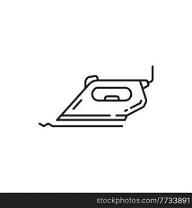 Iron cloth smoothing object isolated thin line icon. Vector household appliance, ironing tool, electric device to smooth apparel, electric tool with soleplate and cable cord, smoothing-iron outline. Smoothing iron household appliance isolated icon