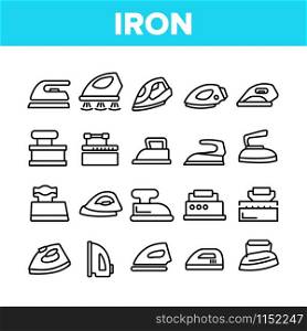 Iron Electrical Tool Collection Icons Set Vector Thin Line. Vintage And Modern Iron Device Appliance For Ironing Clothes, Concept Linear Pictograms. Monochrome Contour Illustrations. Iron Electrical Tool Collection Icons Set Vector