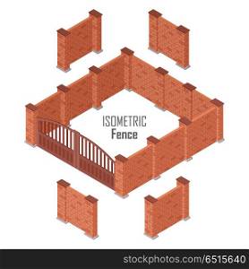 Iron Fence with Brick Columns Isolated on White. Iron fence with brick columns isolated on white. Gate with wicket in flat style design. Isometric projection. Metal gates, wrought iron, lattice gates and fences for yard. Vector illustration