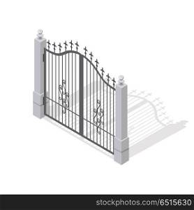 Iron Gate Opens and Closes from Middle Isolated. Iron gates opens and closes from the middle isolated on white. Fence with columns. Isometric projection. Metal gates, wrought iron, lattice and golden gates and fences for yard. Flat style. Vector
