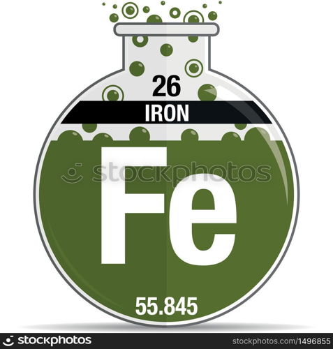 Iron symbol on chemical round flask. Element number 26 of the Periodic Table of the Elements - Chemistry. Vector image