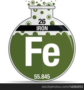 Iron symbol on chemical round flask. Element number 26 of the Periodic Table of the Elements - Chemistry. Vector image
