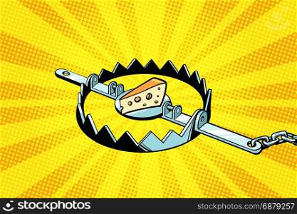 Iron trap with cheese, mousetrap. Pop art retro vector illustration. Iron trap with cheese, mousetrap