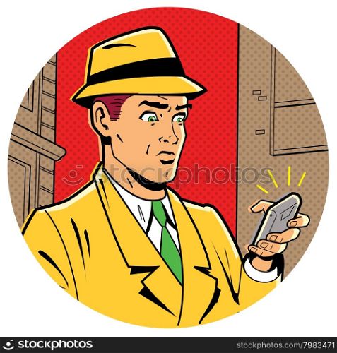 Ironic Satirical Illustration of a Retro Classic Comics Man With a Fedora and a Modern Smartphone