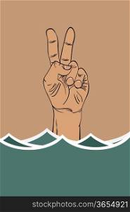 Ironic victory sign of a drowning hand