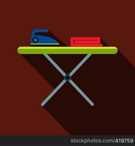 Ironing board with iron flat icon on a brown background. Ironing board with iron flat
