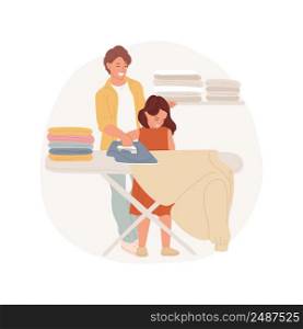 Ironing clothes isolated cartoon vector illustration. Family daily routine, mother teaches child to use iron, kid engaged in housework, ironing shirts together, pile of clothes vector cartoon.. Ironing clothes isolated cartoon vector illustration.