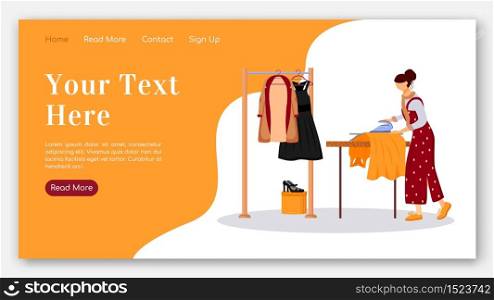 Ironing clothes landing page flat color vector template. Dry cleaning service homepage layout. Prepare outfits one page website interface with cartoon illustration. Atelier banner, webpage