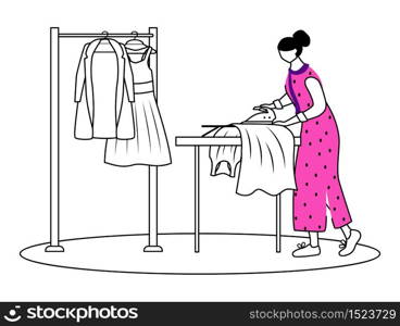 Ironing dresses, jackets flat contour vector illustration. Preparing clothes for fashion show. Designer assistant isolated cartoon outline character on white background. Dry cleaning simple drawing