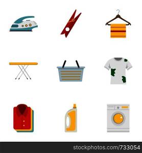 Ironing icons set. Flat style set of 9 ironing vector icons for web design. Ironing icons set, flat style