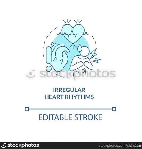 Irregular heart rhythms turquoise concept icon. Fast heartbeat. Dysrhythmia abstract idea thin line illustration. Isolated outline drawing. Editable stroke. Roboto-Medium, Myriad Pro-Bold fonts used. Irregular heart rhythms turquoise concept icon