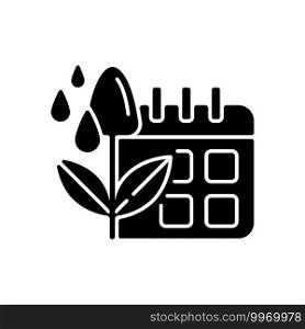 Irrigation scheduling black glyph icon. Plant watering. Agriculture equipment. Rain sensors. Evapotranspiration. Silhouette symbol on white space. Vector isolated illustration. Irrigation scheduling black glyph icon