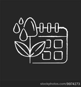 Irrigation scheduling chalk white icon on black background. Plant watering. Agriculture equipment. Rain sensors. Evapotranspiration. Isolated vector chalkboard illustration. Irrigation scheduling chalk white icon on black background