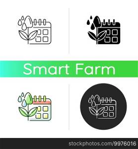 Irrigation scheduling icon. Plant watering. Agriculture equipment. Rain sensors. Evapotranspiration. Linear black and RGB color styles. Isolated vector illustrations. Irrigation scheduling icon