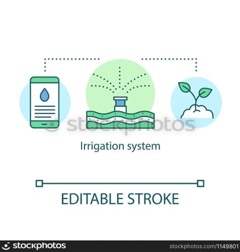 Irrigation system concept icon. Automatic watering plants with smartphone app. Home automation. Farmers technology idea thin line illustration. Vector isolated outline drawing. Editable stroke