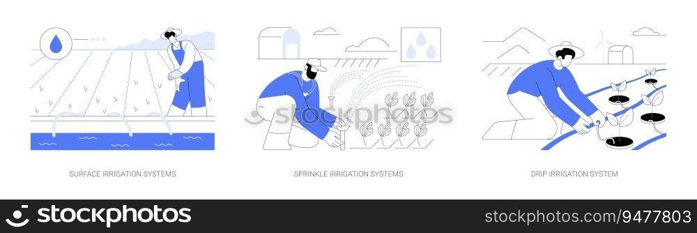 Irrigation systems abstract concept vector illustration set. Surface irrigation systems, sprinklers on farm field, drip watering, plant growing, agribusiness industry abstract metaphor.. Irrigation systems abstract concept vector illustrations.