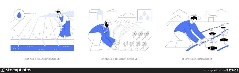 Irrigation systems abstract concept vector illustration set. Surface irrigation systems, sprinklers on farm field, drip watering, plant growing, agribusiness industry abstract metaphor.. Irrigation systems abstract concept vector illustrations.
