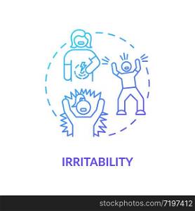 Irritability blue concept icon. Stress and anxiety. Furious girl. Frustrated employee. Psychological problem. Rotavirus symptom idea thin line illustration. Vector isolated outline RGB color drawing