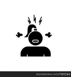 Irritability glyph icon. Annoyed girl. Angry woman. PMS symptom. Predmenstrual syndrome. Boiling emotion. Temper problem. Silhouette symbol. Negative space. Vector isolated illustration