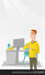 Irritated caucasian employer pointing at wrist watch. Employer checking time of coming of latecomer employee. Concept of late to work and deadline. Vector flat design illustration. Vertical layout.. Angry businessman pointing at wrist watch.