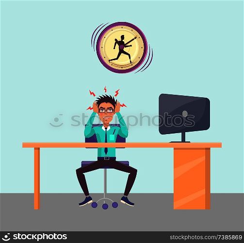 Irritated person sitting in office, stressed of working tasks and deadlines, businessman holding head angrily, problems at work, vector illustration. Irritated Person in Office Vector Illustration