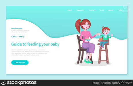 Irritated woman giving food to son denying to eat. Angry mom feeding baby with meals. Mother holding bowl of porridge and cup with tea or juice. Website or webpage template, landing page vector. Guide to Feed Your Baby, Mom and Son Website Page