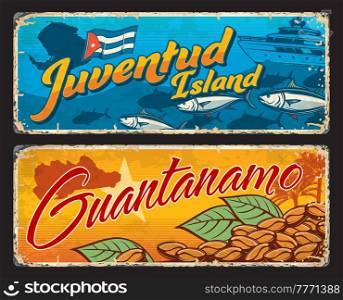 Isla de la Juventud and Guantanamo Cuban regions vector travel plates and stickers. Cuba flag and maps of Cuban provinces retro signs with grunge palms, coffee, fishing boat and Caribbean Sea fish. Isla de la Juventud, Guantanamo Cuban region signs