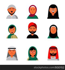 Islam people icon. Web arabic avatars muslim heads of male and female in hijab niqab vector saudi faces in flat style. Male and female muslim face, arab avatar illustration. Islam people icon. Web arabic avatars muslim heads of male and female in hijab niqab vector saudi faces in flat style