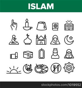 Islam Religion Arab Collection Icons Set Vector Thin Line. Moon With Star And Carpet, Koran And Mosque, Woman Silhouette And Prayer Islam Concept Linear Pictograms. Monochrome Contour Illustrations. Islam Religion Arab Collection Icons Set Vector